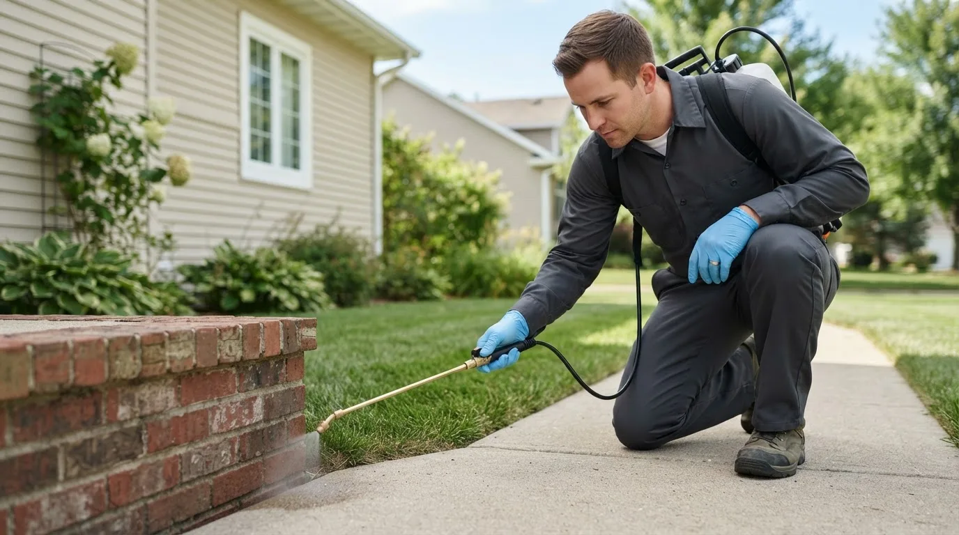 Pest control technician treating a home near New Hampton, NH