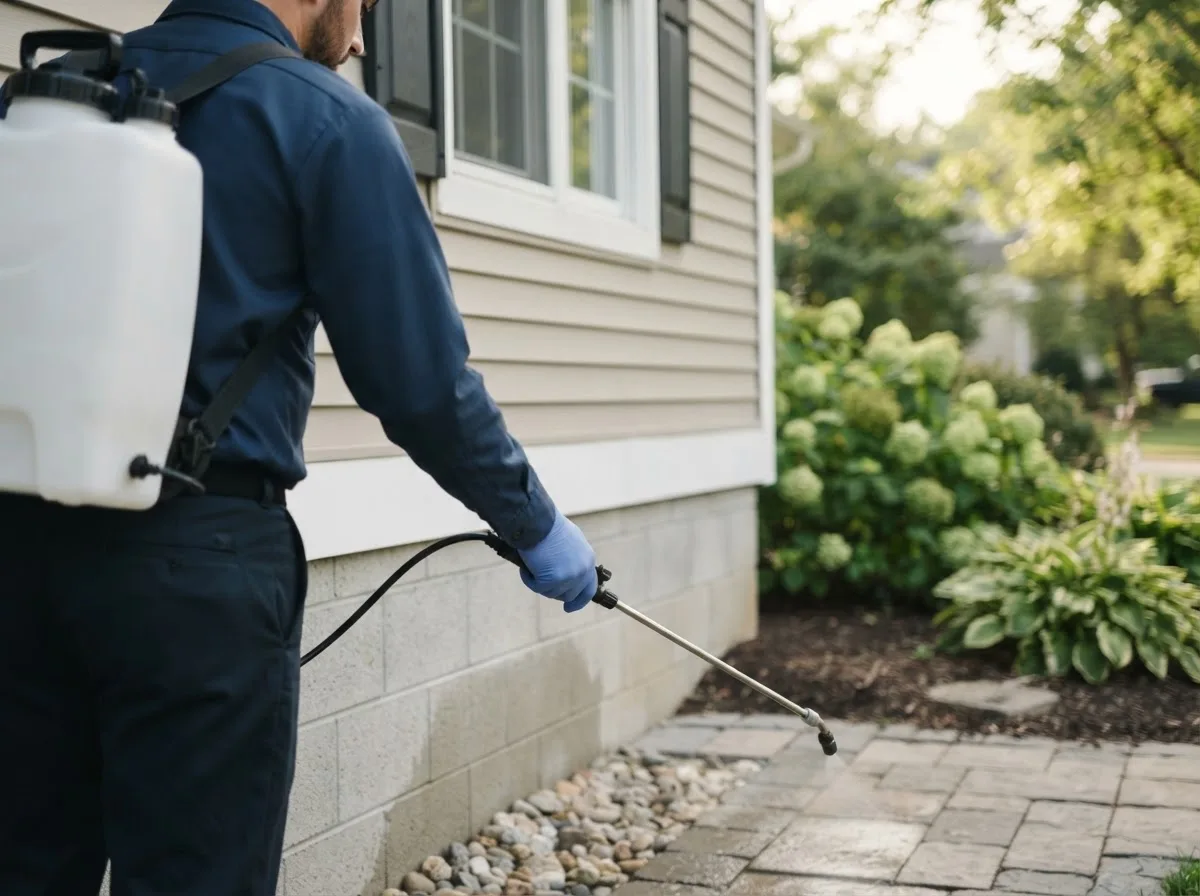 Pest control technician inspecting a home in New Hampton, NH